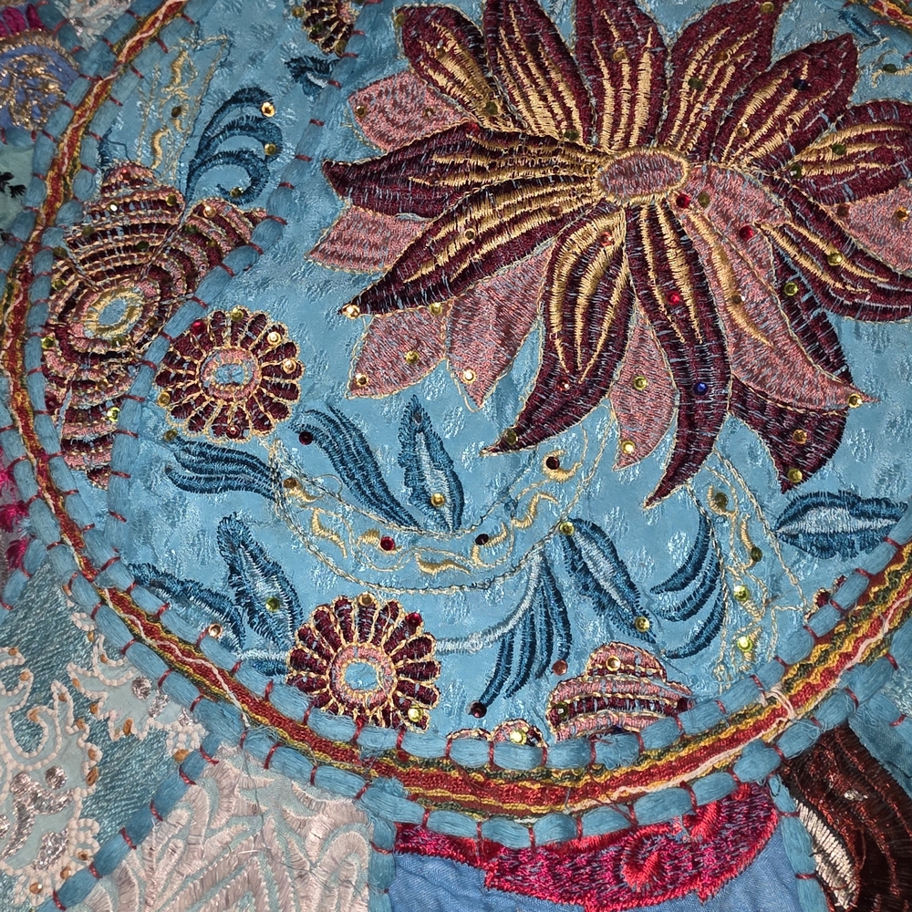 Turquoise Embroidered Floral Textile with Burgundy & Gold Accents